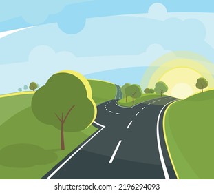 Road landscape with rising sun. Cartoon grassland background