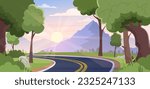 Road landscape with trees and mountains concept. Beautiful natural panorama and forest. Highway between towns and villages. Aesthetics and elegance. Cartoon flat vector illustration