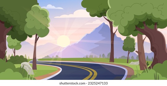 Road landscape with trees and mountains concept. Beautiful natural panorama and forest. Highway between towns and villages. Aesthetics and elegance. Cartoon flat vector illustration