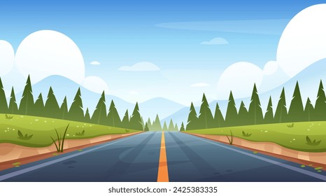 Road landscape. Vector illustration of highway with spring mountains, hills, fields, beautiful sky. Road trip to horizon. Car adventure. Straight freeway for vacation, adventure, game, web banner