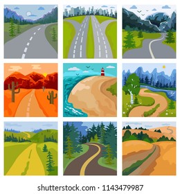 Road landscape vector roadway in forest and cityscape highway or roadside way to field lands with grass and trees in countryside illustration set of traveling in country or seaside