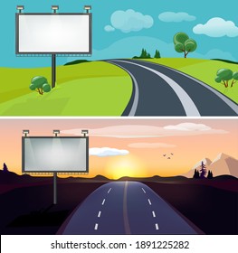 Road Landscapes. Day Night Highway With Blank Billboard. Country Evening Morning Roadway Vector Background