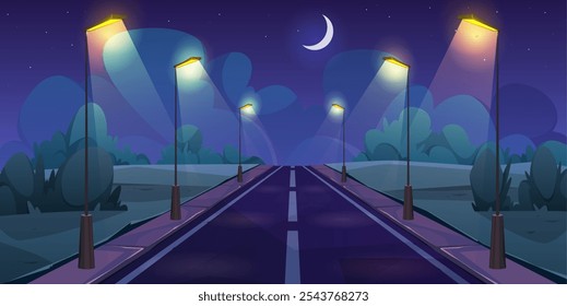 Estrada com lanternas de luz, paisagem urbana com árvores e pavimento. Vetor rua vazia à noite, lua crescente e estrelas no céu. Paisagem exterior, estrada ou caminho asfaltado para o transporte