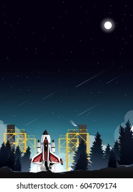 road to launching station in deep pine wood at night