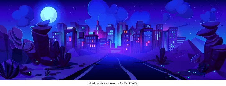 Road lead to modern city with high buildings at night. Cartoon dark blue panoramic urban landscape with neon lights in town. Way to metropolis with stones on roadside and full moon light at midnight.