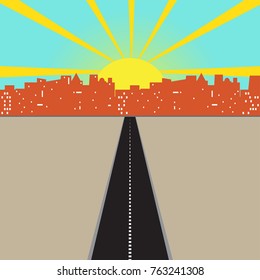 Road leading to city. Skyline, rising sun. Metaphor for direction, opportunity, path.