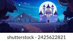 Road leading to fairytale medieval castle with stone walls, high towers, windows and gate doors at night. Cartoon dusk landscape with royal palace standing near mountain foot under full moon light.