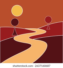 A Road Leading to a Hill, Stylized Sunset Landscape Vector Art with Curved Path and Trees silhouette, illustration, A Road Leading to a Hill vector silhouette, Clipart design