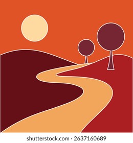 A Road Leading to a Hill, Stylized Sunset Landscape Vector Art with Curved Path and Trees silhouette, illustration, A Road Leading to a Hill vector silhouette, Clipart design