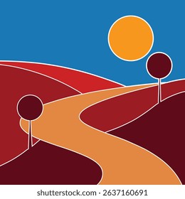 A Road Leading to a Hill, Stylized Sunset Landscape Vector Art with Curved Path and Trees silhouette, illustration, A Road Leading to a Hill vector silhouette, Clipart design
