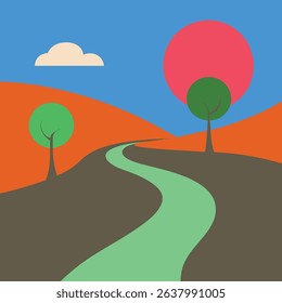A Road Leading to a Hill, Stylized Sunset Landscape Vector Art with Curved Path and Trees silhouette, colorful background illustration, A Road Leading to a Hill vector silhouette, Clipart design