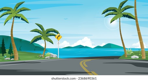 The road leading to the seaside has traffic signs.
