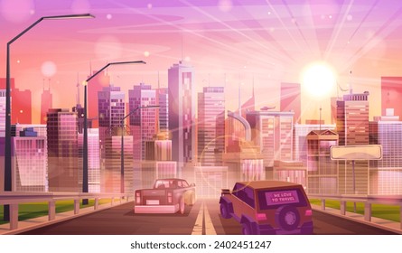 Road leads to downtown area with multistorey buildings at sunset or sunrise. Cartoon landscape with cars driving into city on asphalt highway with streetlights. Cityscape with skyscrapers and vehicles