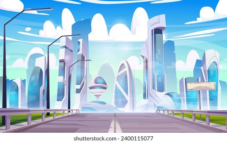 Road leads to futuristic city with unusual fantastic multistorey buildings. Cartoon vector landscape of future cyber high technology downtown with empty highway and streetlights, blue sky with clouds.