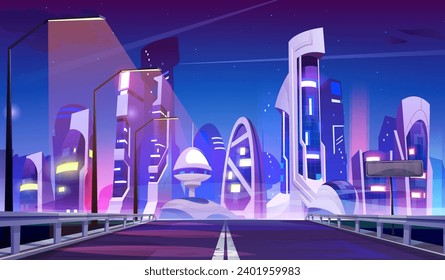 Road leads to futuristic night city with unusual fantastic multistorey buildings with neon lights. Cartoon vector landscape of future cyber high technology downtown with empty highway and streetlights