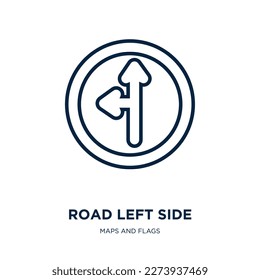 icono del lado izquierdo de la carretera de la colección de mapas y banderas. Delgado camino lineal a la izquierda, carretera, icono de contorno de flecha aislado en fondo blanco. Señal del lado izquierdo de la carretera vectorial de la línea, símbolo para web y móvil