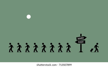 The Road Less Traveled. Vector Artwork Depicts An Unique Individual Person Acting Independently And Taking Risks. He Is Brave, Positive, Bold, Courageous, And Prepared To Take Challenges. 