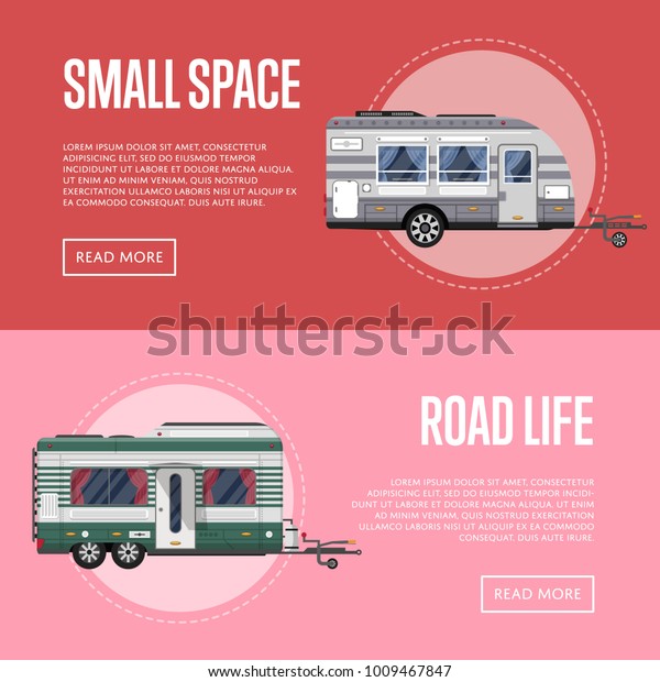 Road life flyers with travel trailers. Car\
RV trailer caravan, compact motorhome, mobile home for country\
traveling and outdoor family vacation. Side view recreational\
vehicles vector\
illustration
