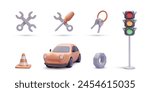 Road light, conus, car, key, repair icon in 3d realistic style isolated on white background. Vector illustration