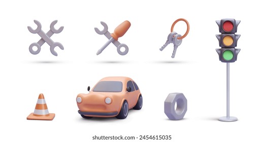 Road light, conus, car, key, repair icon in 3d realistic style isolated on white background. Vector illustration