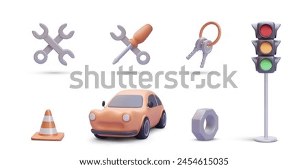 Road light, conus, car, key, repair icon in 3d realistic style isolated on white background. Vector illustration