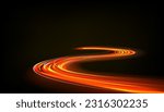 Road light. Curve streak trail line. Fast speed car. Long yellow and red way effect. Glowing street exposure. Blurred motion. Sparkling flow. Vector abstract dynamic dark background