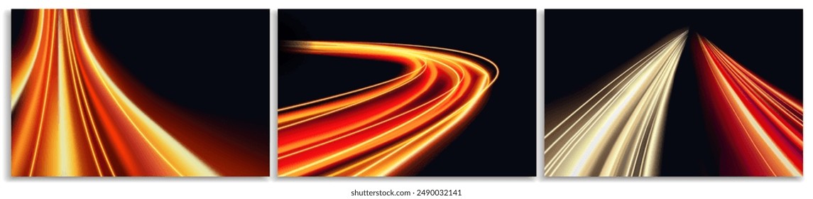 Luces de carretera. Banda de luz curva o línea de velocidad amarilla y roja. Exposición brillante de la calle como efecto de coche rápido. Movimiento dinámico de neón borroso. Conjunto de Ilustración vectorial Abstractas aislado sobre fondo blanco