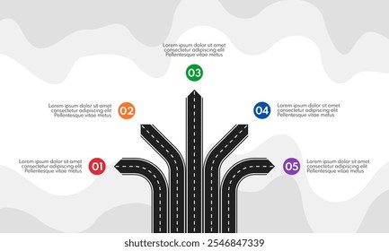 Straßenlinie mit 5 verschiedenen Ausfahrten, Vektorgrafik-Vorlage