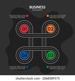 road line cycle business infographics, 4 checkpoints or sections, vector flat style template