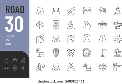 Road Line Editable Icons set. Vector illustration in modern thin line style of traffic related icons: GPS navigation, road junction, highway, distribution, and  more. Isolated on white