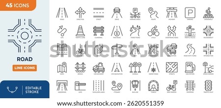 Road Line Editable Icons set. Containing street, highway, traffic light, signpost, directions, parking, route, GPS, drive, crosswalk, intersection, roundabout, and more. vector illustration	
