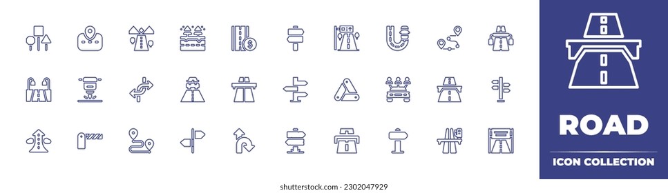 Sammlung von Straßenbahnlinien-Symbolen. Bearbeitbarer Strich. Vektorgrafik. Mit Straßenschild, Straße, Mautstraße, Signalweg, Straßenschild, schnell, Roadmap, Autobahn, Jackhammer, Kreuzung, Warnschild, Autovermietung.