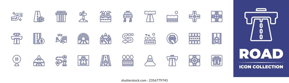 Road line icon collection. Editable stroke. Vector illustration. Containing traffic cone, road, way, toll road, block, motorway, car, route, sign, rainbow, location, smooth road, slippery.