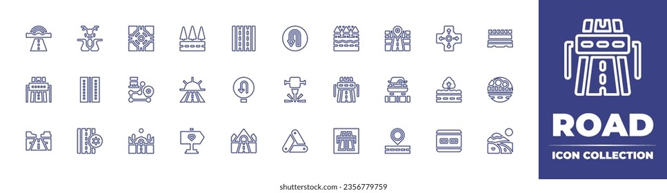 Road line icon collection. Editable stroke. Vector illustration. Containing road, lane, positive attitude, u turn, directional sign, tunnel, jackhammer, warning sign, rainbow, motorbike, snowfall.