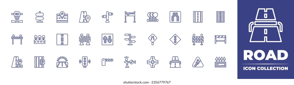 Sammlung von Straßenbahnlinien-Symbolen. Bearbeitbarer Strich. Vektorgrafik. Straße, Hindernis, Zaun, fallende Felsen, Wegweiser, Straßenblock, zwei Wege, Ampel, Schild, schmale Straße, Verkehrsschranke.