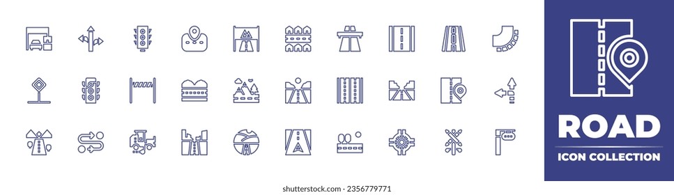 Road line icon collection. Editable stroke. Vector illustration. Containing toll, sign, main, traffic light, road, route, barrier, marking truck, curve, architecture and city, straight.