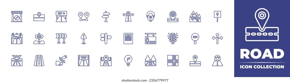 Colección de iconos de línea de carretera. Trazo editable. Ilustración vectorial. Con señal de autopista, desvío, peaje, montaña, recta, prueba de conducción, direcciones, carretera, ubicación, señalización, señal de advertencia.