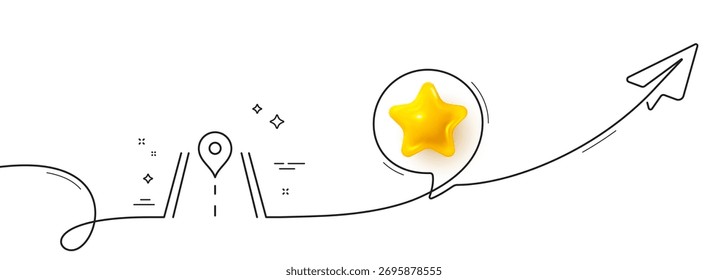Icono de la línea de la carretera. Línea continua con plano compartido. Señal de la ruta del trayecto. Símbolo GPS de la ruta de la autopista. Estrella 3D en la burbuja del discurso. Cinta de una sola línea de carretera. Patrón de curva de bucle. Vector