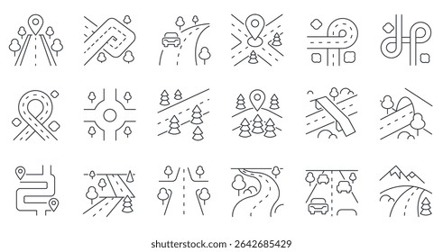 Road line icon. Highway street tunnel bridge, winding road with turn direction arrows, crossroad and roundabout traffic infographics elements. Vector city roads set.