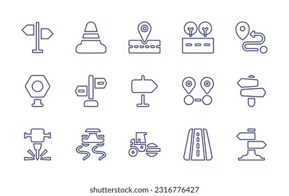 Road line icon set. Editable stroke. Vector illustration. Containing direction sign, traffic cone, road, direction, sign, distance, jackhammer, slippery, roller.