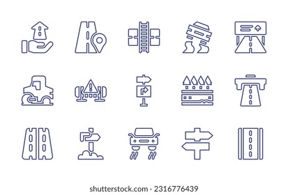 Conjunto de iconos de línea de carretera. Trazo editable. Ilustración vectorial. Conteniendo el futuro, la carretera, la carretera, la resbaladiza, la señalización de la autopista, la carretilla de vapor, las obras, la dirección, el signo, la suavidad.