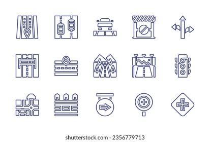 Road line icon set. Editable stroke. Vector illustration. Containing cross, road, signage, map, sign, traffic light, car, block, banner, motorway, sign, location.