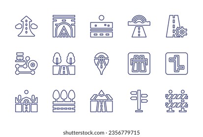 Road line icon set. Editable stroke. Vector illustration. Containing road, growth, tunnel, rainbow, settings, motorway, intersection, signage, road block, train.