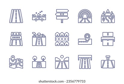 Road line icon set. Editable stroke. Vector illustration. Containing road, rainbow, route, car accident, panel, placeholder, road map, street, motorway, toll, rearview mirror.
