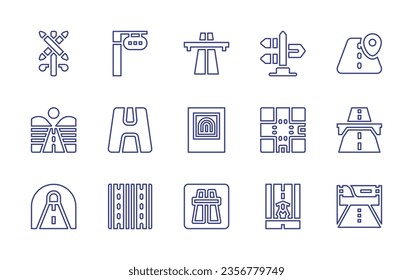 Road line icon set. Editable stroke. Vector illustration. Containing highway, tunnel, railroad crossing, trafficlights, road sign, road, crossing roads, location, motorway, racing game, billboard.