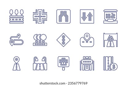 Road line icon set. Editable stroke. Vector illustration. Containing toll road, motorway, map, highway, road, route, narrow, traffic light, priority, ski resort, sign.