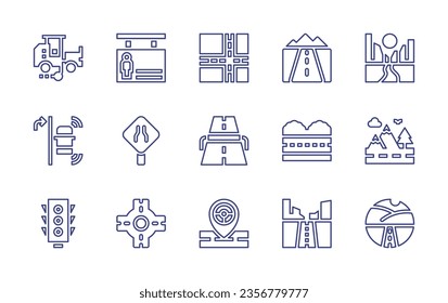 Road line icon set. Editable stroke. Vector illustration. Containing road marking truck, pedestrian, road, right turn, traffic light, traffic sign, roundabout, highway, location, mountain road.