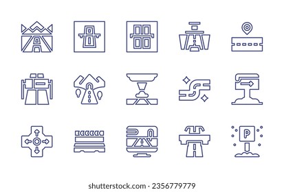 Road line icon set. Editable stroke. Vector illustration. Containing road, motorway, highway, rearview mirror, way, signboard, parking sign, tornado, car simulation, tunnel, roundabout, roadblock.
