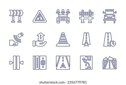 Conjunto de iconos de línea de carretera. Trazo editable. Ilustración vectorial. Conteniendo carretera, línea continua, carril de autobús, sobrepaso, autopista, desvío, peaje, costado, futuro, alquiler de coches, conos de tráfico, barrera vial, fuera de carretera