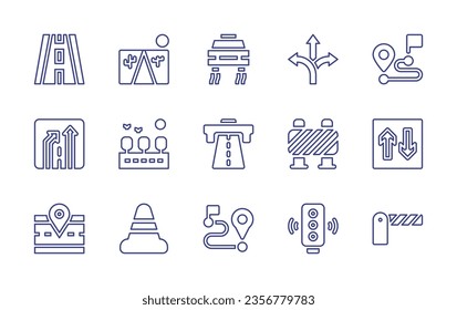 Road line icon set. Editable stroke. Vector illustration. Containing choice, distance, smooth road, road, traffic cone, route, road block, two way, traffic lights, barrier, end of additional lane.